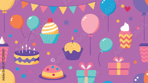 Seamless pattern of birthday party decorations such as cake, balloons, presents, cupcakes, and flags on pink