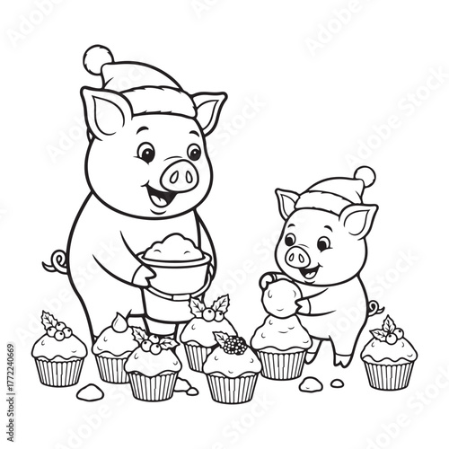 Pigs decorating cupcakes with santa hats coloring page