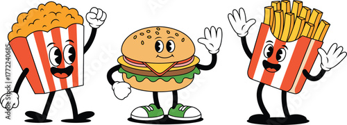 Three retro cartoon fast food characters waving hello