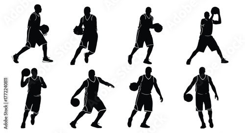 Silhouette of basketball player in various poses for sports and athletic themes