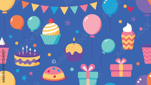 Seamless pattern of birthday party decorations such as cake, balloons, presents, cupcakes, and flags on blue