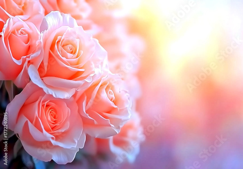 Wallpaper Mural Beautiful peach colored roses bouquet in blurred background with copy space, soft focus, pastel color theme, bokeh effect, close-up, sun rays, floral background Torontodigital.ca