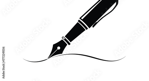 Elegant fountain pen drawing a curved line, symbolizing writing, creativity, and artistic expression