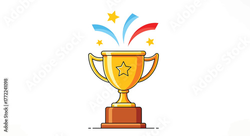 Golden trophy cup with star and colorful confetti for winner achievement and success concept