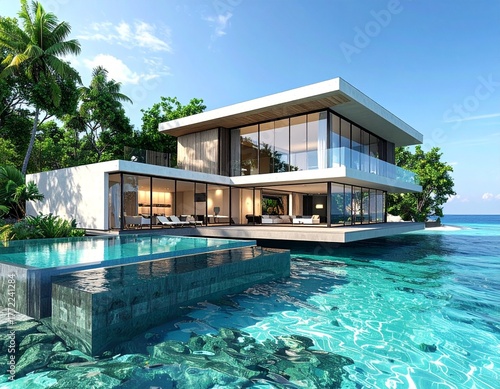 Architectural design of a modern luxury house on the water, featuring a stunning infinity pool overlooking the sea for a dream vacation