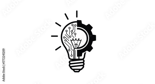 Light bulb with gear and circuit board symbolizes innovation, technology, and engineering