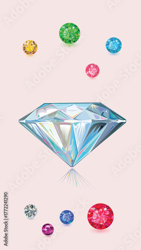 A large, brilliant cut diamond is centrally placed, surrounded by smaller, colorful oval cut gemstones on a soft beige background.