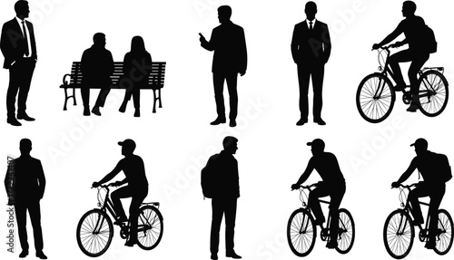 Black silhouette illustration of nine people—standing, sitting, cycling—professional attire, posture study, urban lifestyle, gesture and activity sketch