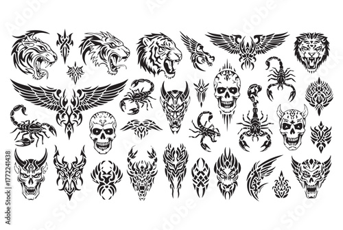 Collection of black and white tribal tattoo designs featuring animals and skulls