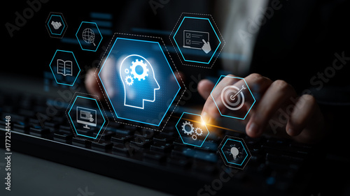 Foto Head with gear and icons representing learning, digital training, and developmen