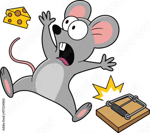 Funny cartoon mouse jumping in fear from a mouse trap with flying cheese, comic vector illustration for humor, danger, and safety concept design