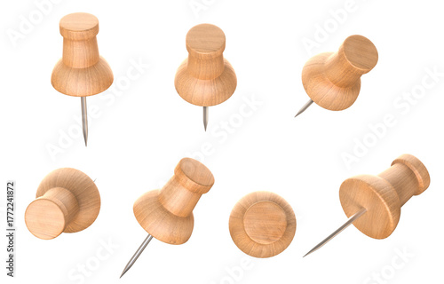 Set of wooden push pins in different angles. Png transparency