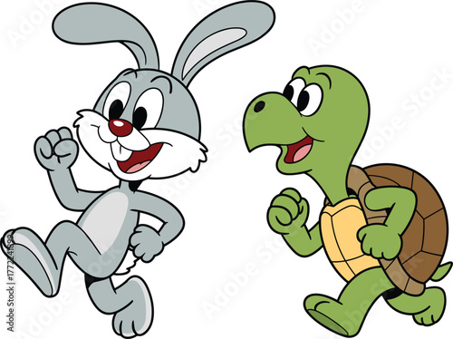 Funny cartoon illustration of rabbit and turtle running together, children’s story concept inspired by classic fable, animal friendship, race, determination and teamwork theme
