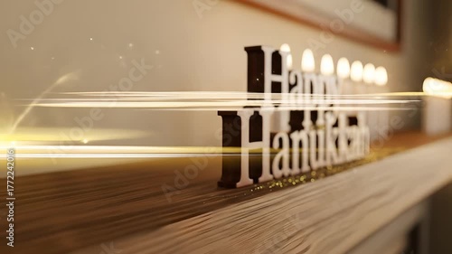 Happy Hanukkah! Wooden 'Happy Hanukkah' text, bright candles lit, celebration concept, traditional symbol, light streaks, holiday greetings, festive backgrounds, Jewish traditions.
