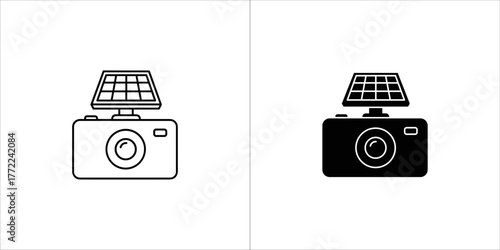 Solar panel camera icon in black and white, energy efficient photography