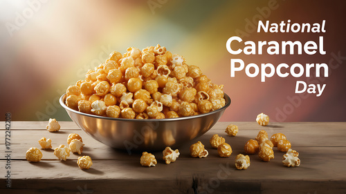 A bowl of caramel popcorn on a wooden table celebrating National Caramel Popcorn Day
