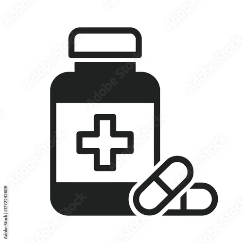 Black and White Pill Bottle Line Icon. Pharmaceutical and Medication Symbol.