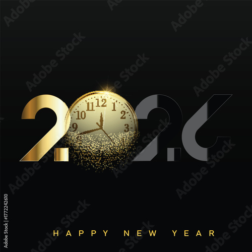 Elegant Happy New Year 2026 logo with gold and black typography. Vector