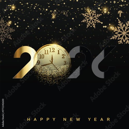 Elegant Happy New Year 2026 logo with gold and black typography. Vector