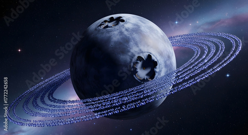 Blueberry planet with rings in space, a creative and surreal concept