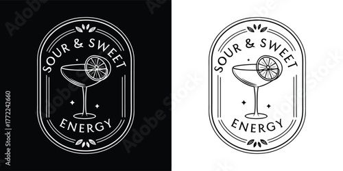 Retro sour and sweet energy drink emblem with cocktail glass, lemon slice, and decorative elements