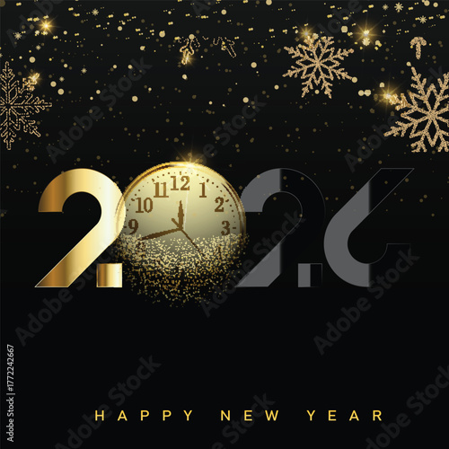 Elegant Happy New Year 2026 logo with gold and black typography. Vector