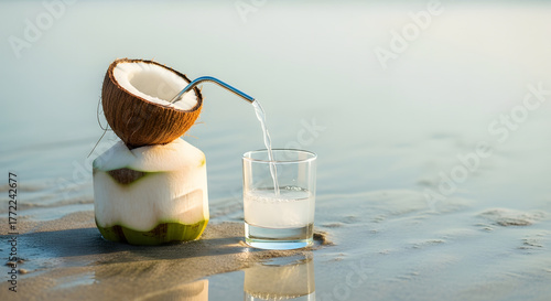 Coconut water pouring into a glass on a beach with a metal straw