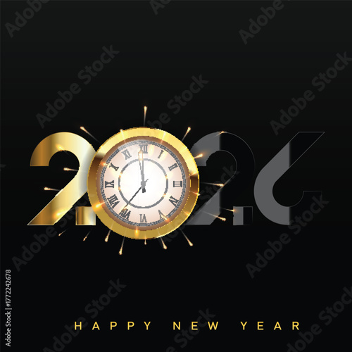 Elegant Happy New Year 2026 logo with gold and black typography. Vector
