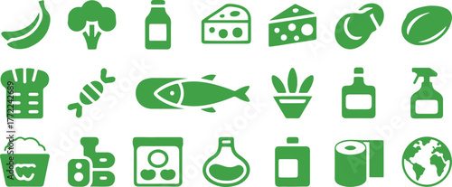  Grocery Icon Set, Food and Product Category Silhouettes, Fruits Meat Pasta Beverages Snacks Candy Sauces Cereal Grains Wine Vector Illustration