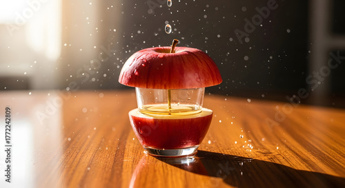 Apple juice pouring into a glass on a wooden table with water droplets