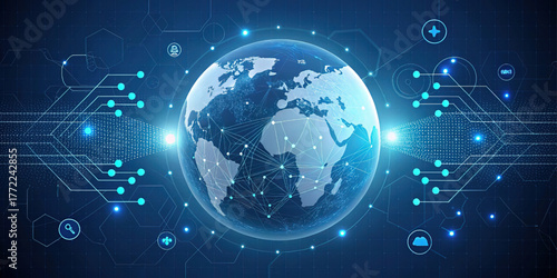 Tech earth network concept, glowing line design, digital particle, vector illustration, sci-fi decor, innovation element, electronic art, modern technology, visual layout, tech background.