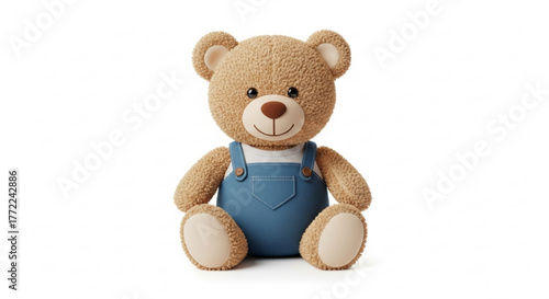 Adorable teddy bear wearing blue overalls, sitting upright and looking forward with a friendly expression