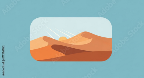 Illustration of a desert landscape with sand dunes, a bright sun, and a clear sky, evoking a sense of adventure and exploration
