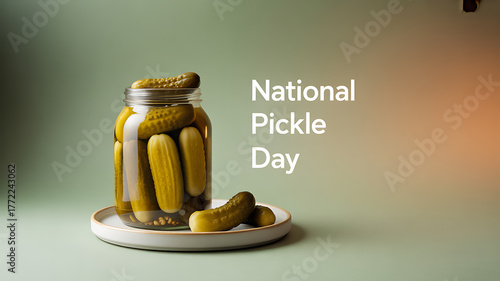 National Pickle Day celebration with jar of pickles on a plate
