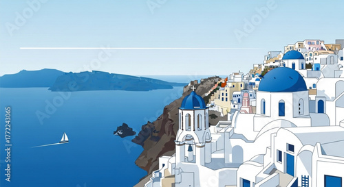 Picturesque santorini illustration showcasing iconic white architecture and blue domed churches overlooking the aegean sea with a sailboat on the water