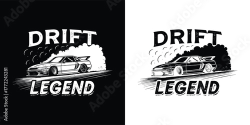 Drift legend text with a sports car doing a drift with smoke and a spoiler, black and white graphic illustration