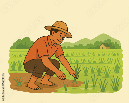 a farmer plants rice in the rice field