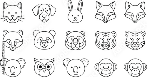Animal faces cat dog rabbit fox raccoon panda bear tiger koala owl monkey drawing