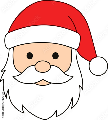 Minimalist Santa Claus head icon, illustration for Christmas, holiday, and seasonal design.