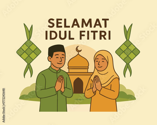 Happy Eid poster template combination of ketupat and 2 men and women