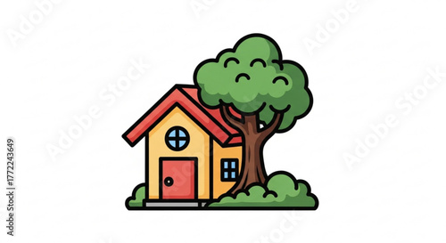Illustration of a charming house with a tree, depicting a cozy home and natural surroundings