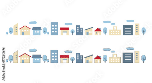 街並み ビル群のバリエーションイラスト 学校 店 家