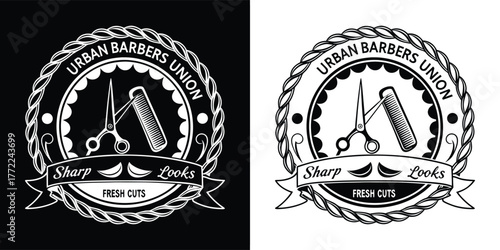 Urban barbers union logo with scissors and comb, sharp looks and fresh cuts, vintage emblem