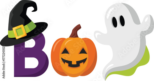 Cute halloween boo letters with witch hat pumpkin and ghost