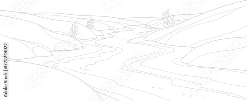River landscape nature water stream hills trees drawing outline illustration art