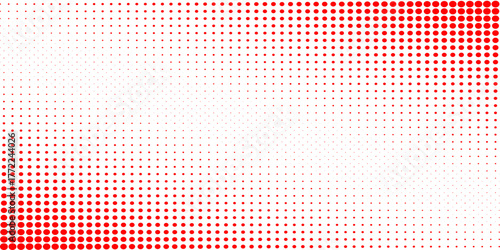 Red color halftone gradient texture. Vanishing cartoon polka dot background. Repeating dotted gradation pattern. Fading comic pop art overlay backdrop. Raster halftone effect wallpaper. Vector