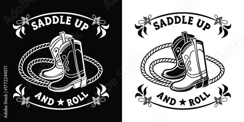 Saddle up and roll western cowboy boots and lasso emblem graphic design