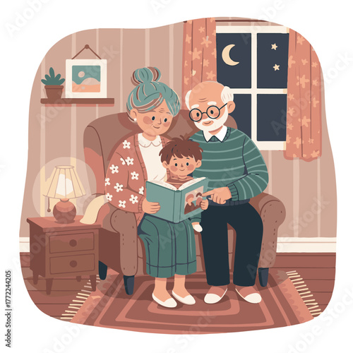 Grandparents reading a storybook to their grandson on the couch at night, illuminated by a lamp, with a window showing the moon and stars.