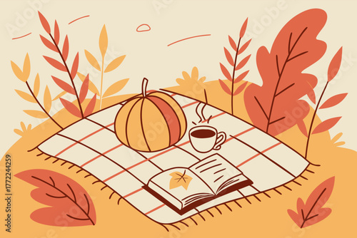 Cozy Autumn Picnic with Pumpkin Coffee and Book.