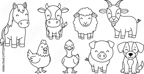 Farm animals horse cow sheep goat chicken duck pig dog outline drawing cute
